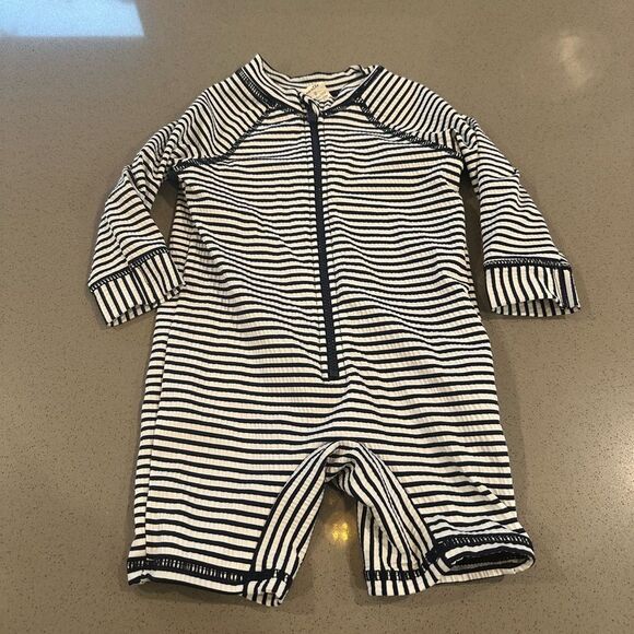 Cotton On Baby Rashgaurd Swimsuit Navy Blue and White Stripes 6-12 months - Picture 1 of 5